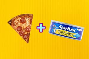 A slice of pepperoni pizza and a can of StarKist solid white albacore tuna against a yellow background.