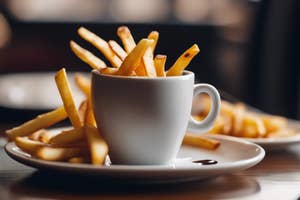 A cup filled with French fries on a saucer with ketchup.