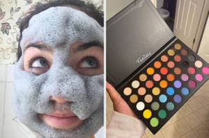 reviewer wearing a bubble face mask; reviewer's open makeup palette with various colorful eyeshadows