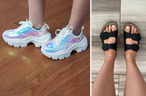 Two side-by-side photos comparing chunky holographic sneakers and black strapped sandals