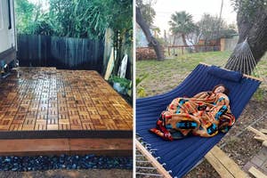 Before and after of a backyard upgrade with a new wooden deck and hammock installation