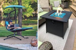 Person working on a laptop in a hanging chair outside; a propane fire pit table on a patio. Perfect for outdoor home offices and evenings