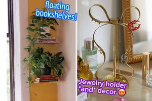 Left: A wall-mounted shelf with books and a potted plant. Right: A jewelry stand with necklaces on a dresser