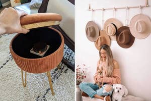 Person reaches for wallet in ribbed storage ottoman; person with dog surrounded by wall-hung hats in home setting