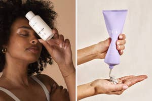 Model holding a skincare bottle by their face and a hand squeezing lotion from a tube