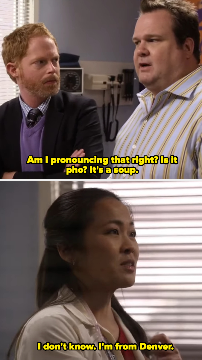 Three people in a conversation, one confused about the pronunciation of "pho." Text exchange about the soup and being from Denver