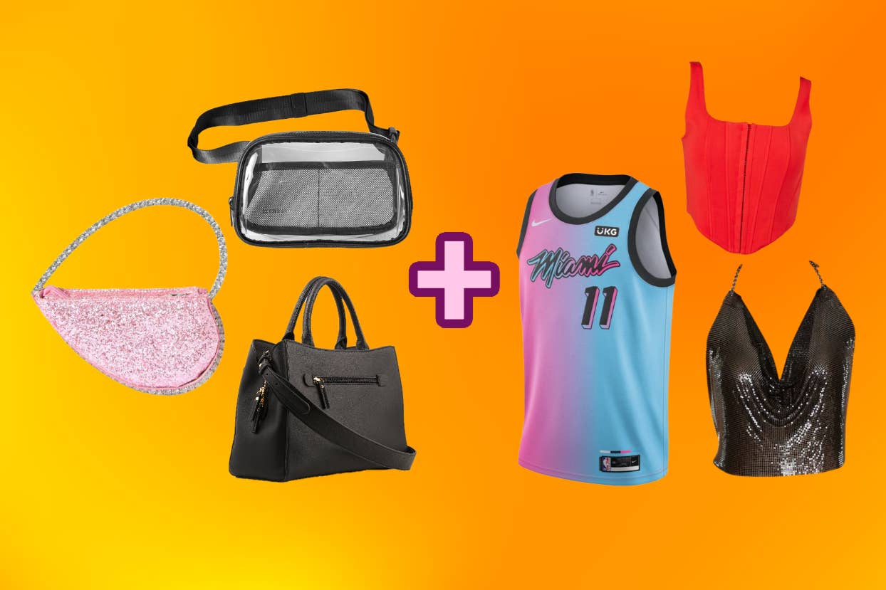 Assorted fashion accessories including a black waist bag, pink glitter purse, black handbag, basketball jersey, red top, and a black sequined top