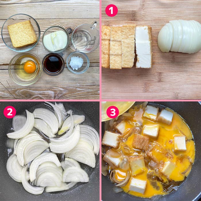 料理の手順を示す画像です。1枚目は材料が並んでおり、2枚目はスライスした玉ねぎ、3枚目は玉ねぎとその他の材料を混ぜたフライパンが写っています。