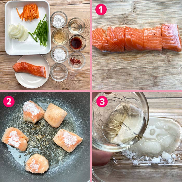 手順に従って料理を作る過程が4枚の写真で示されています。