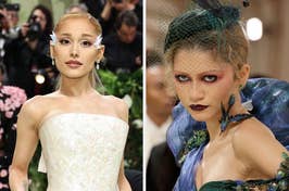 Two images side by side. Left: Woman in strapless gown with floral details. Right: Woman in dramatic makeup and feathered outfit