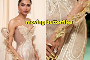 Celebrity in a sheer embroidered gown with intricate beading and ornamental butterflies