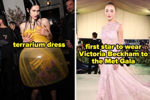 Two images: Left shows a person in a unique terrarium-style dress. Right is a person in a flowing pastel gown at the Met Gala