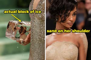 Two side-by-side photos of celebrities, one holding a block of ice, the other with sand on her dress