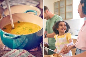 A split image with a close-up of soup in a pot on the left, and a smiling child in an apron with adults cooking on the right