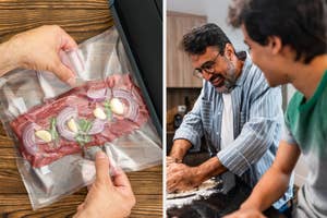 Left: A person sealing raw steak and garlic in a vacuum bag. Right: A man and child happily preparing food together in a kitchen
