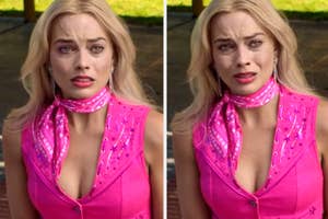 Woman in pink top and neck scarf looks concerned
