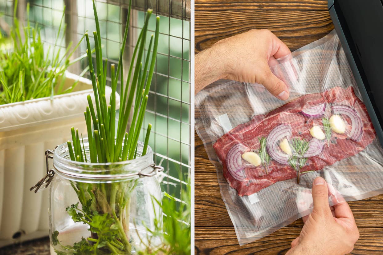Indoor herb garden in jar on left; hand vacuum-sealing meat with garlic and herbs on right
