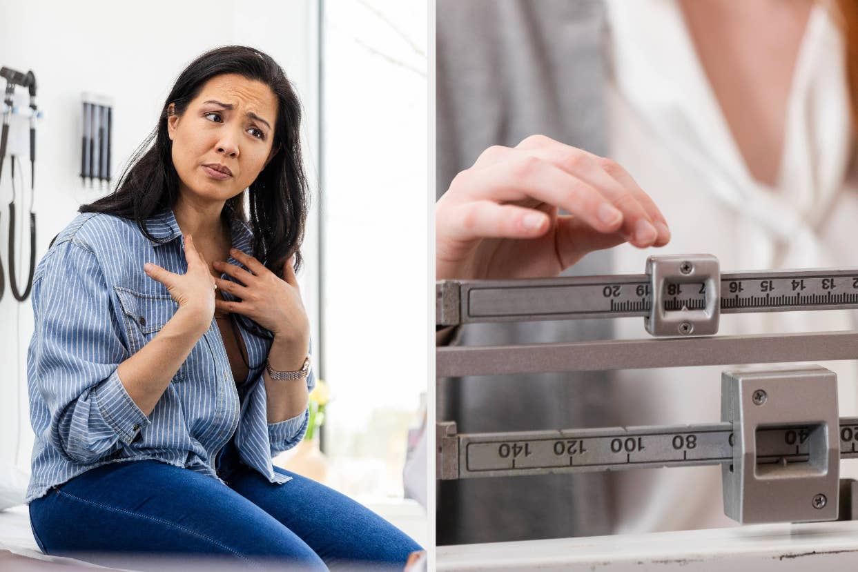 Woman expressing discomfort holding her chest, doctor weighing patient in the background
