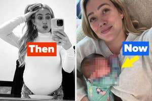 Side-by-side photos of a woman, left shows her pregnant, right with her baby, both selfies