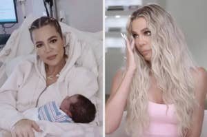 Khloe Kardashian holding a newborn, and in a separate shot, tearing up