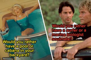 Meme with two images: left shows a woman relaxing in a pool, right has two men from "Point Break". Text asks preference between a pool and soulmate