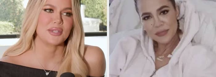 Khloe Kardashian holding a newborn, and in a separate shot, tearing up