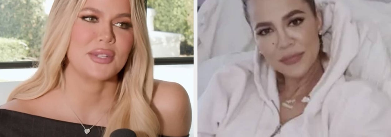 Two side-by-side photos: on the left, a woman in a black top during an interview; on the right, another woman in a hospital bed holding a newborn