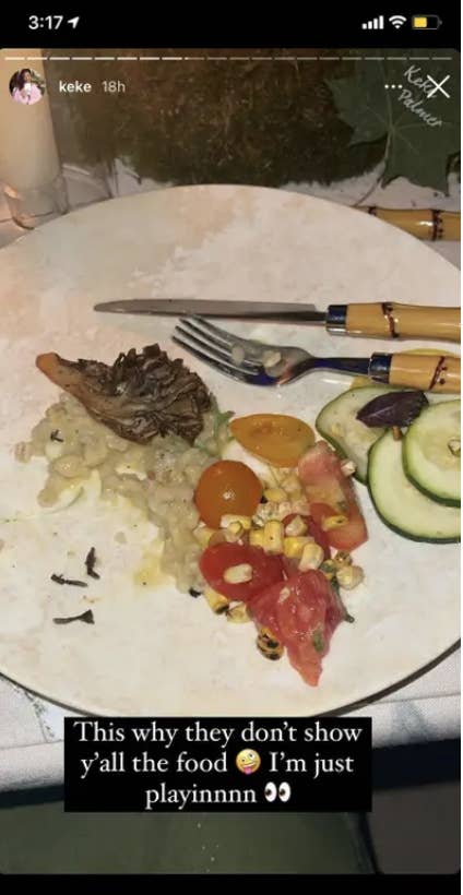 Keke Palmer's Instagram story showing a plate of food that has some tomatoes and cucumbers with the comment, "This why they don't show y'all the food. I'm just playinnn"