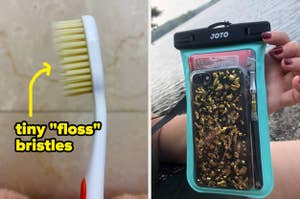 Close-up of a toothbrush with floss bristles; hand holding a waterproof phone pouch