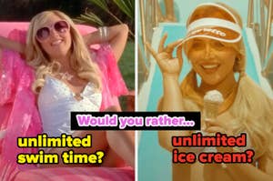 A woman lounges by a pool and holds an ice cream cone in split images with text asking if you'd prefer unlimited swim time or ice cream