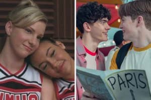 Two images split-screen: Left, a cheerleader leans on a friend's shoulder. Right, two boys smile at each other holding a map