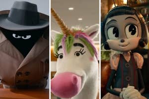 Three animated characters: a detective-like figure, a unicorn, and a girl robot with a backpack