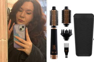 Woman takes a selfie with phone; on the right are a hair styling brush and a phone case displaying their designs