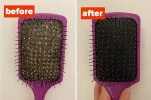 Before and after comparison of a hairbrush, showing it dirty then clean, indicating effectiveness of a cleaning product