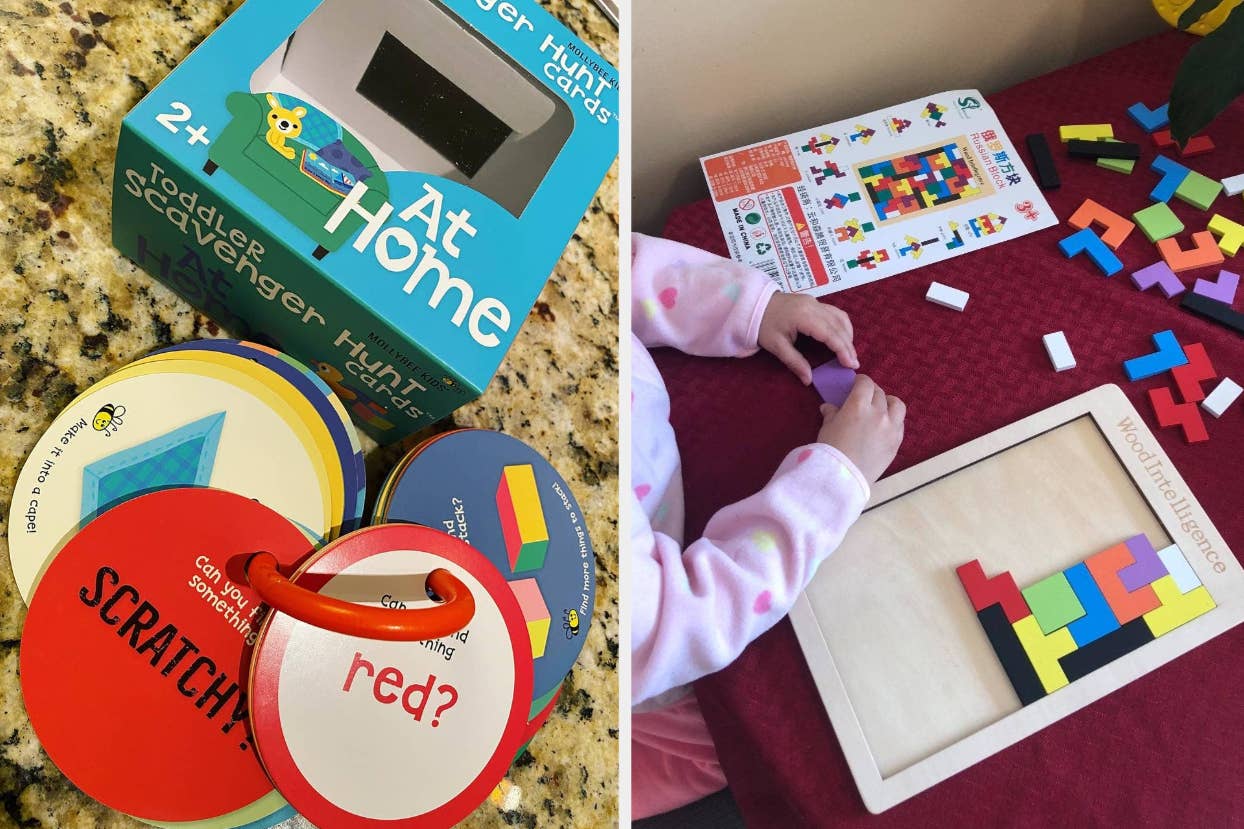 L: a reviewer photo of at-home scavenger hunt cards on a key ring, R: a reviewer's child playing with a wooden puzzle