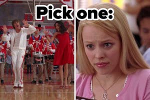 Ryan and Gabriella in a school rally scene, Sharpay looking skeptical in a pink top. Text: "Pick one:"