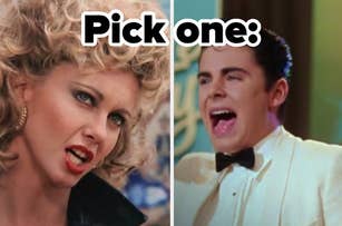 Split image: Left, Sandy from Grease in black outfit; with text "Pick one:" above