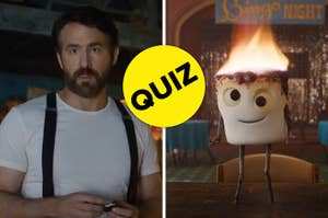 A man looking surprised next to an animated marshmallow with a flaming top, both within a quiz graphic