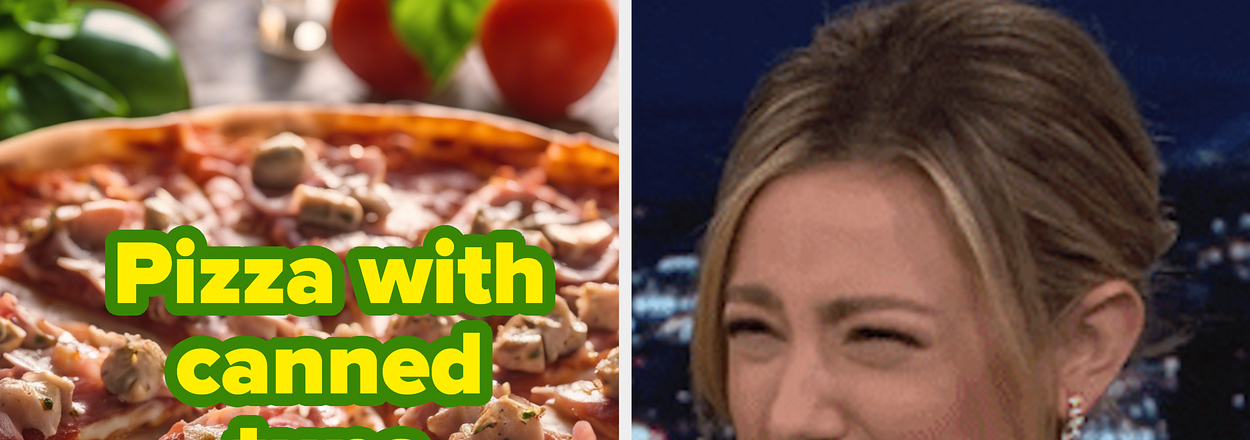Side-by-side images: left shows a pizza with canned tuna; right is a woman grimacing
