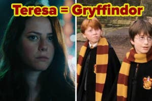 Split image: Teresa (left), and Ron Weasley alongside Harry Potter in Gryffindor scarves (right). Text: Teresa = Gryffindor