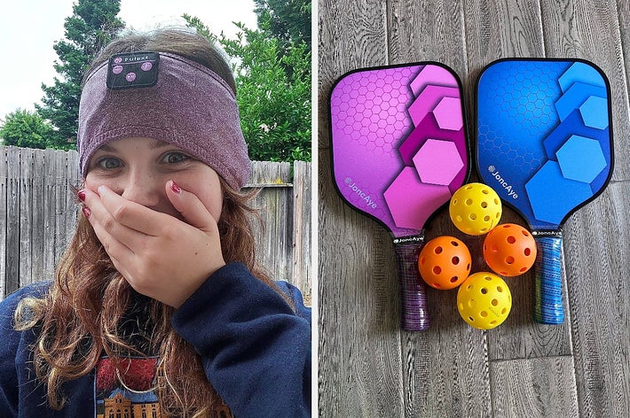 reviewer wearing Bluetooth headband, pickleball set with paddles and balls