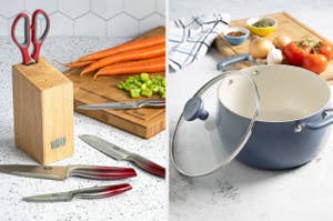 Two images side by side: Left shows a knife block with knives, right features a pot on a stovetop next to a chopping board with vegetables