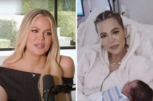 Two side-by-side photos: on the left, a woman in a black top during an interview; on the right, another woman in a hospital bed holding a newborn