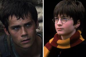 Side-by-side of characters: shirtless young man with dirt on face; boy with glasses and scarf
