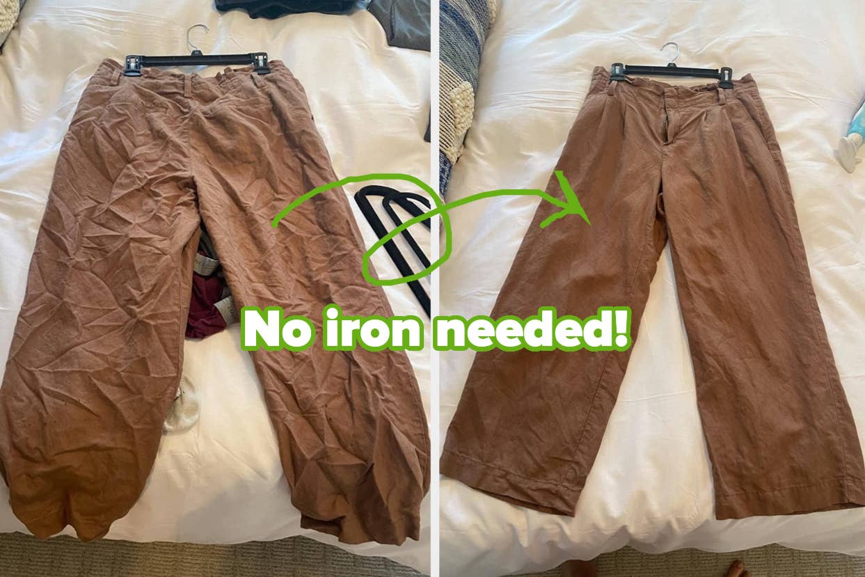 Brown wrinkle-free pants before and after unpacking, with text "No iron needed!"