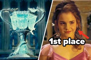 Split image with a trophy on the left and Hermione Granger smiling in dress on the right, labeled 1st place