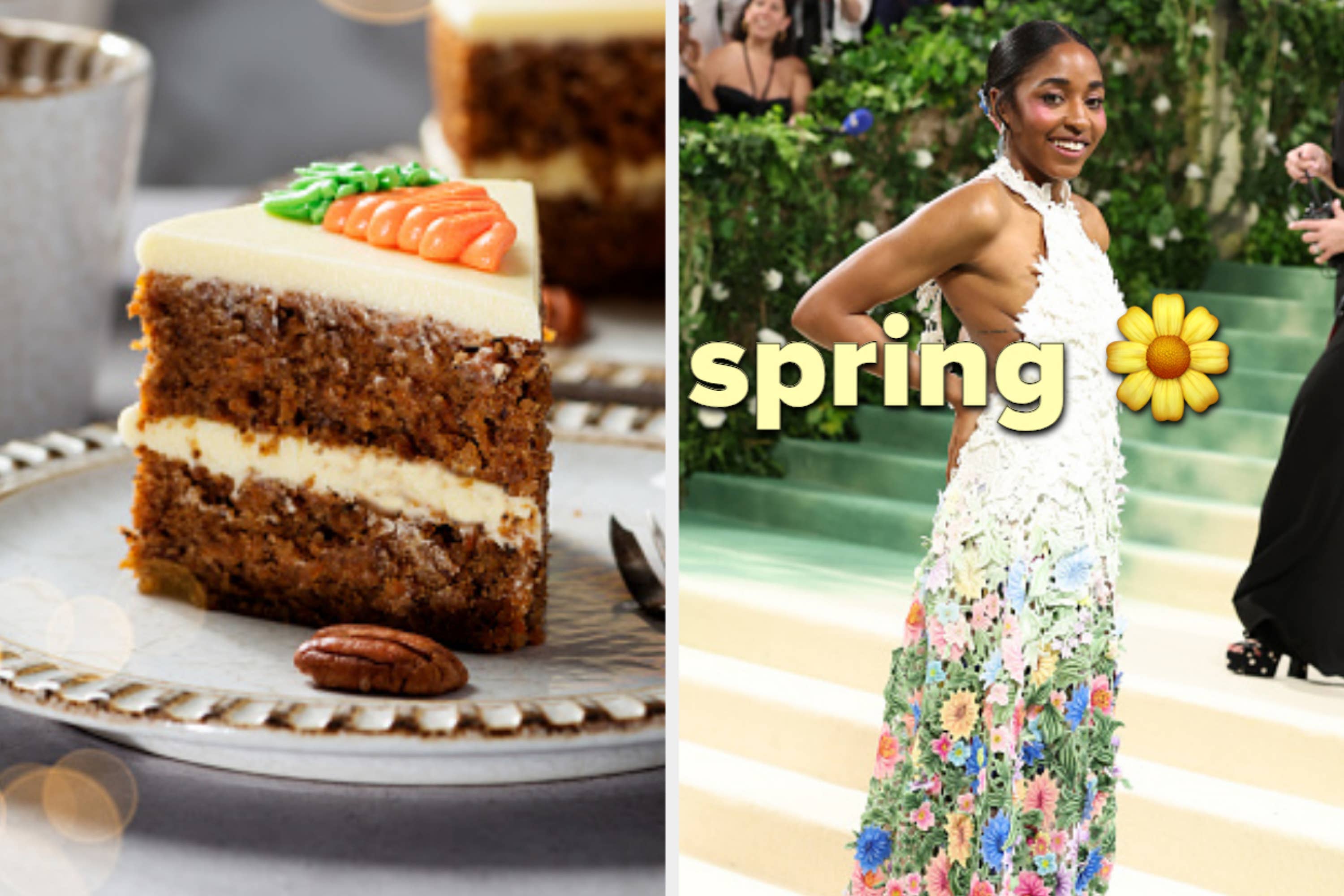 Left: A carrot cake with cream cheese frosting. Right: A woman in a floral dress at an event