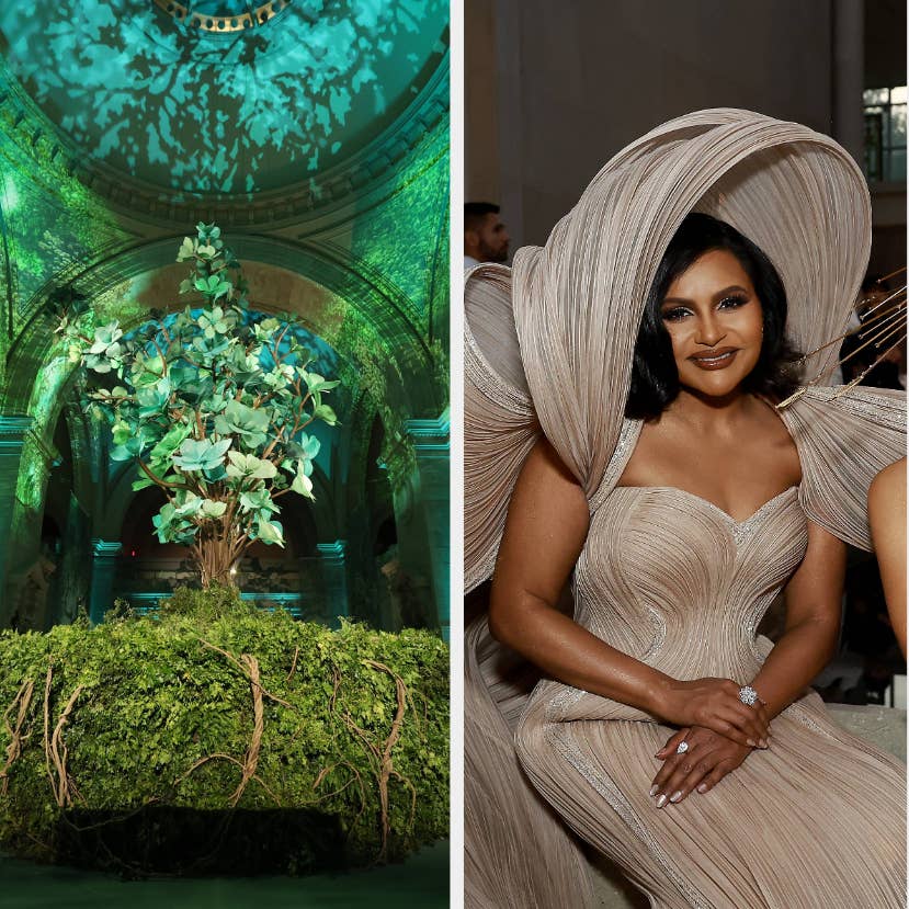 Mindy Kaling in a beige gown at a themed event, flanked by two images of a decorated venue, possibly for a culinary gala