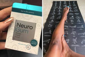 Person holding a pack of NeuroGum, and a yoga mat with poses illustrated