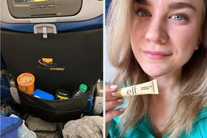 Left: airplane seat storage pocket, Right: person wearing E.l.f. lip balm